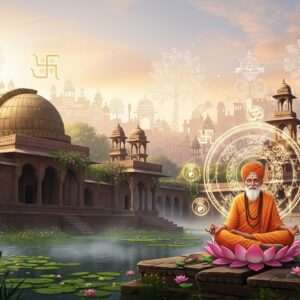 A serene and ethereal depiction of Bharatpur's spiritual heritage, showcasing an ancient astrological observatory set amidst lush greenery and a tranquil water body. In the foreground, a wise Indian sage wearing traditional attire meditates on a lotus flower, surrounded by glowing mandalas and subtle Hindu spiritual symbols like Om and Swastika. The scene is illuminated by soft, warm pastel hues—pale pinks, soft blues, and warm golds—creating a dreamlike atmosphere. In the background, intricate patterns reminiscent of Madhubani and Pattachitra art form the skyline, blending seamlessly with modern digital aesthetics. The imagery conveys a sense of tranquility, wisdom, and deep connection to spiritual roots, inviting viewers to explore the sacred traditions of Bharatpur.