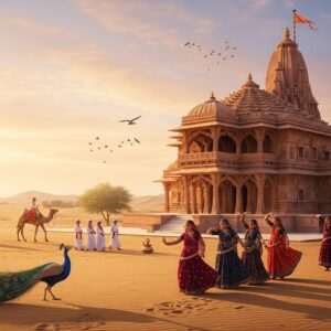 An ethereal depiction of Bikaner, Rajasthan's spiritual heartland, showcasing its mesmerizing culture and traditions. The scene is set at dawn, with a gentle golden light bathing the landscape. In the foreground, an intricately detailed traditional Indian temple stands tall, adorned with vibrant patterns inspired by Madhubani and Pattachitra art. Surrounding the temple are serene desert sands, dotted with elegant camels, and lush patches of green where peacocks wander gracefully. A group of Indian women in colorful Rajasthani attire (deep maroon, peacock blue, saffron) perform a traditional dance, their movements fluid and graceful, creating a sense of harmony and spirituality. The sky is a canvas of soft pastels – pale pink and warm gold – with subtle hints of glowing mandalas. This hyperrealistic scene embodies tranquility and cultural richness, capturing the viewer’s imagination and inviting them to delve deeper into the spiritual essence of Bikaner.