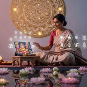A serene, ethereal scene depicting an Indian woman in a traditional saree, seated in front of a glowing digital tablet displaying intricate Hindu spiritual symbols and a virtual Puja setup. She is surrounded by soft pastel lights, with a large, golden mandala subtly glowing in the background. The atmosphere is tranquil and harmonious, with lotus flowers gently floating on a calm water surface, reflecting the soft hues of pale pink and warm gold. The woman's expression is peaceful and focused, highlighting the seamless blend of tradition and technology. The art style is hyperrealistic, merging digital aesthetics with traditional Indian motifs to emphasize innovation and spirituality.