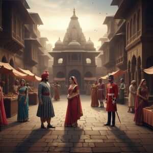 A serene, photo-realistic scene depicting a traditional Indian marketplace in the 19th century, showcasing the fusion of British and Indian culture. Indian men and women in elegant, historical attire from the era—men wearing dhotis and turbans, women in flowing sarees adorned with gold jewelry—interacting with British officials in uniforms featuring the red coats and hats of the British Empire. The market is bustling with vibrant activity, surrounded by architectural structures like colonial buildings and traditional Indian temples. The scene is filled with rich, deep colors like maroon, gold, and peacock blue, with intricate patterns and cultural motifs subtly integrated into the environment. The atmosphere is harmonious yet subtly tense, symbolizing the complex relationship between the two cultures during this period. Soft glowing lights illuminate the scene, creating an ethereal, surreal ambiance that captures the essence of a transformative era in Indian history.