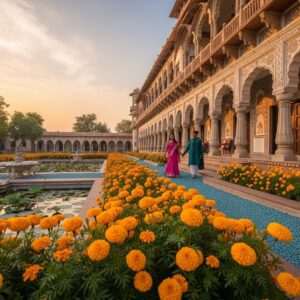 A scenic view of Sikar in Rajasthan showcasing a harmonious blend of British colonial architecture with traditional Indian elements. In the foreground, intricate Pattachitra motifs and Madhubani patterns are subtly incorporated into the structure of a grand colonial building, displaying a fusion of historical styles. Surrounding the building, lush gardens with lotus ponds, peacock-blue pebbled paths, and blooming saffron-hued marigolds add vibrant color. The scene is bathed in warm golden light, reflecting a serene yet ethereal atmosphere. A few elegantly dressed Indian characters, reflecting modern aesthetics, are walking through the gardens, hinting at a connection between past and present. The sky is a soft gradient of pastel pink and warm gold, enhancing the tranquil aura of the setting.