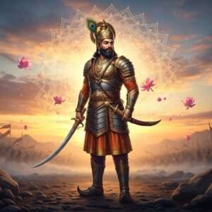 A majestic, regal depiction of Bappa Rawal, the legendary Indian warrior-king, standing in an ancient battlefield setting. He is adorned in intricately detailed traditional Rajput armor, featuring elaborate patterns and motifs inspired by Madhubani and Pattachitra art. His armor is in rich tones of gold, saffron, and maroon, with a peacock feather adorning his helmet. In one hand, he holds a beautifully engraved sword, its blade glistening under the soft glow of a setting sun. The background showcases a surreal landscape with a glowing mandala hovering in the sky, casting a serene light over the scene. Lotus flowers and delicate swirls of pastel-colored mist float in the air, adding an ethereal quality. The image combines hyperrealistic details with a dreamlike aura, honoring the spirit of the legendary hero while evoking a sense of spirituality and valor.