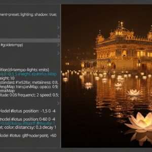 A breathtaking view of the Golden Temple during Diwali 2026, bathed in warm, golden light reflecting off the serene water. The temple's intricate architecture glows under thousands of twinkling lights, creating a mesmerizing halo effect against the night sky. In the foreground, a gentle ripple of water reflects the shimmering lights, adding to the ethereal ambiance. Lotus flowers float gracefully on the water's surface, illuminated by soft, glowing hues. The scene embodies spirituality and peace, with a blend of traditional Indian artistic elements and modern digital aesthetics, inviting viewers to delve deeper into the celebration of faith and light.