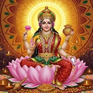 An ethereal depiction of Goddess Lakshmi seated on a magnificent lotus throne, surrounded by a radiant aura of golden light. She has four hands: one holding a pot of gold coins pouring out wealth, another displaying the Abhaya mudra (gesture of fearlessness), and the remaining two holding a lotus flower and a conch shell. The backdrop features intricate mandala patterns and vibrant colors like saffron, maroon, and peacock blue. Soft, glowing lights create an atmosphere of serenity and divine presence. Surrounding her are traditional Diwali elements like diyas (oil lamps) and rangoli designs in vivid hues. The scene should be hyperrealistic, combining traditional Indian art motifs with modern digital aesthetics, evoking a sense of spiritual abundance and festive celebration.