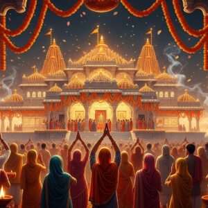 A stunning depiction of the Khatu Shyam Ji Temple during a vibrant festival celebration. The temple is illuminated with warm, glowing lights that highlight its intricate architectural details, surrounded by colorful, ethereal decorations such as strings of marigold flowers and radiant diyas. In the foreground, a group of Indian devotees, dressed in traditional festive attire with deep saffron and peacock blue hues, are offering prayers with folded hands and serene expressions. There are elements of swirling incense smoke and floating petals, creating a surreal and spiritual atmosphere. The scene captures the essence of devotion and festivity, with a focus on harmony and reverence. The art style is hyperrealistic with a modern digital aesthetic, blending rich cultural motifs with contemporary design elements to engage and attract viewers.