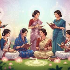 A serene and ethereal depiction of a gathering of Indian women writers, dressed in elegant Assamese traditional attire with vibrant colors like saffron, peacock blue, and maroon. They are seated in a tranquil garden setting, surrounded by intricately patterned lotus flowers and glowing mandalas. The women are engaged in conversation, holding books and writing instruments. Soft, pastel light cascades over the scene, creating a harmonious blend of tradition and modern digital aesthetics. Their expressions are thoughtful and inspired, showcasing wisdom and creativity. The backdrop features delicate patterns inspired by traditional Assamese art, enhancing the cultural richness and spiritual tone. This hyperrealistic image embodies the celebration of literary contributions with an aura of tranquility and mindfulness.