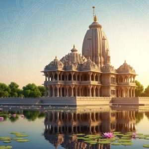 A serene and ethereal depiction of Chandaneswar Temple, surrounded by lush greenery and soft, glowing lights. The temple's intricate architecture is highlighted, featuring traditional Indian motifs and patterns. The setting is bathed in a warm, golden glow, with pastel colors like soft blue and pale pink accentuating the spiritual atmosphere. In the foreground, a calm water surface reflects the temple's majestic image, while lotus flowers float gently. The sky is adorned with a subtle mandala pattern, emphasizing tranquility and mindfulness. The scene exudes a mystical charm that invites viewers to explore the temple's secrets and plan their visit. The art style is hyperrealistic with a surreal touch, balancing heritage with modern digital aesthetics.