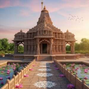 Chandaneswar Temple surrounded by lush greenery and serene water bodies, capturing the essence of tranquility and spirituality. The temple's architecture is depicted in a hyperrealistic style, highlighting intricate carvings and traditional Indian motifs. A soft golden light bathes the scene, creating an ethereal glow that enhances the spiritual atmosphere. In the foreground, a peaceful path leads to the temple entrance, adorned with vibrant lotus flowers and subtle mandalas embedded in the cobblestones. The sky is painted in soft pastel hues, with gentle clouds drifting by, conveying a sense of calm and mindfulness. The image is a harmonious blend of tradition and modern digital aesthetics, inviting viewers to embark on a spiritual journey to this sacred site.