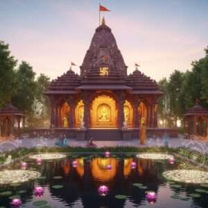 An ethereal depiction of Chandaneswar Temple, nestled amidst lush greenery under a soft, pastel sky. The temple's intricate architecture is highlighted with digital embellishments that merge traditional Indian design elements with modern aesthetics. In the foreground, a serene pond reflects the temple's silhouette, surrounded by glowing lotus flowers. The temple's entrance showcases delicate carvings and spiritual motifs, with gentle saffron and maroon hues accentuating the structure. Glowing mandalas and subtle golden lights create a tranquil atmosphere, inviting the viewer to explore its spiritual significance. A few Indian devotees in traditional attire are seen offering prayers, enhancing the spiritual ambiance. The scene balances tranquility with modern digital artistry, designed to captivate and draw readers into discovering more about the temple.