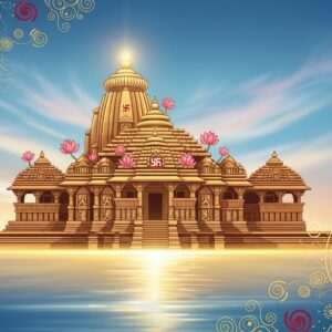 An ethereal depiction of the Chandaneswar Temple bathed in soft golden light, capturing its mystical allure. The temple, with its intricately carved architecture, features traditional motifs like lotus flowers and spiritual symbols, set against a serene, twilight sky tinged with pastel hues of blue and pink. In the foreground, gently glowing water surfaces reflect the temple's grandeur, creating a dreamlike atmosphere. Delicate swirls of saffron and maroon patterns, reminiscent of Pattachitra art, weave through the scene, evoking a sense of cultural richness and heritage. The overall tone is tranquil and inviting, highlighting the temple's historical significance and spiritual essence in a modern digital aesthetic.