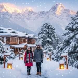 A breathtaking winter scene capturing the enchanting snowfall in Gangtok, featuring a serene, ethereal landscape with snow-covered traditional Indian houses and lush evergreen trees blanketed in soft, powdery snow. In the foreground, an Indian couple dressed in cozy, modern winter attire stands hand in hand, admiring the delicate snowflakes gently falling from the pastel-colored sky. The scene is illuminated by a warm, golden glow emanating from traditional lanterns lining a winding path, leading towards the majestic snow-capped Himalayan mountains in the background. The atmosphere exudes tranquility and wonder, with intricate patterns of snowflakes creating a magical aura. The art style should be photo hyper-realistic with a blend of modern digital aesthetics, capturing the essence of a peaceful winter retreat.