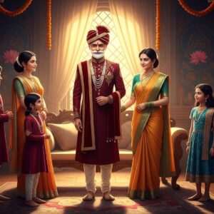 An elegantly dressed Chimaji Appa, portrayed in a serene, hyperrealistic style, stands amidst his family in a warm, glowing room filled with intricate patterns reminiscent of traditional Indian art forms. His attire includes a regal, maroon sherwani adorned with delicate gold embroidery. His wife, wearing a saffron saree, and his children, dressed in vibrant traditional attire, surround him, showcasing familial warmth and affection. The backdrop features rich hues of peacock blue and gold with cultural motifs such as mandalas and lotus flowers subtly integrated into the design. Soft, pastel lights cast a gentle glow over the scene, creating an ethereal atmosphere that emphasizes harmony and peace. The setting should reflect a mix of historical authenticity with modern digital aesthetics, appealing to both heritage and contemporary viewers.