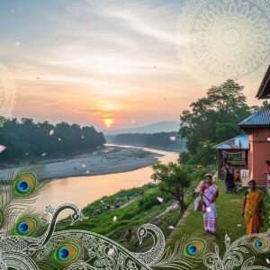 A breathtaking landscape of Chirang, Assam, showcasing its rich cultural tapestry and natural beauty. In the foreground, vibrant traditional Assamese motifs like peacock feathers and intricate patterns weave through lush greenery. A serene river flows through the scene, reflecting the soft glow of a pastel-hued sunset in hues of pink and gold. Traditional Assamese architecture peeks through the foliage, adorned with delicate carvings and intricate designs. The sky above is dotted with ethereal, glowing mandalas and softly falling petals, creating a dreamlike atmosphere. Indian villagers in traditional attire, with joyful expressions, are seen in harmony with nature, embodying the spirit and tranquility of this hidden gem.