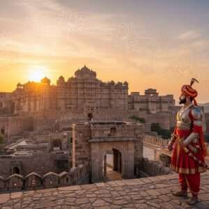 An intricately detailed, hyperrealistic scene of the majestic Chittorgarh Fort under the golden hues of a setting sun. The fort's historic architecture is depicted with precision, highlighting its towering walls and ornate gateways. In the foreground, an elegantly dressed Rajput warrior in traditional attire, complete with a turban and regal armor, stands with a sword. The scene is bathed in warm, ethereal light, with soft pastel skies above and hints of ancient battle scenes etched into the fort's stone. The setting is serene yet powerful, with a modern digital aesthetic that emphasizes the rich cultural heritage and identity of Chittorgarh and Mewar. The background features stylized motifs of lotus flowers and peacocks, symbolizing beauty and pride.