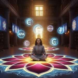 A serene, surreal scene depicting an ancient Indian library transformed into a modern digital space. Intricate patterns inspired by traditional Indian art forms like Madhubani and Pattachitra cover the walls, blending seamlessly with digital screens displaying glowing mandalas and cultural motifs. The floor is adorned with a large, vibrant lotus flower design in rich maroon and saffron hues, surrounded by flowing water patterns. In the center, an Indian scholar in modern attire (a sleek kurta with subtle traditional motifs) sits in meditation pose, surrounded by floating holographic symbols representing different citation styles (APA, MLA, Chicago) in soft pastel blues and golds. The atmosphere is ethereal and tranquil, with warm golden light illuminating the scene, conveying a sense of harmony between tradition and innovation. This hyperrealistic digital concept art captures the essence of cultural wisdom evolving in the modern era.