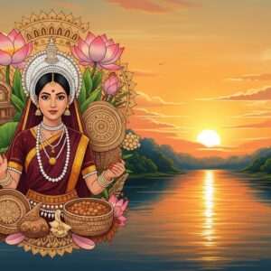 An intricate digital illustration showcasing the vibrant cultural tapestry of Tripura. The image centers around a traditional Tripuri woman dressed in a rich maroon and gold Risa, adorned with delicate tribal jewelry and surrounded by elements symbolic of Tripura's heritage - bamboo crafts, lush green landscapes, and traditional dances like Garia dance. The background features a serene river with reflections of the sunset in warm gold tones, soft glowing lights highlighting the scene. Large stylized lotus flowers and mandalas are subtly incorporated, adding a touch of spirituality and depth. The art style blends traditional Indian aesthetics with modern digital techniques, creating a hyperrealistic yet ethereal atmosphere that invites viewers into the cultural richness of Tripura.