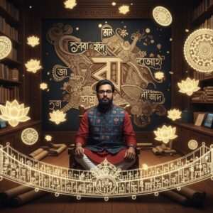 An Indian scholar seated in a tranquil, ethereal study room filled with ancient scrolls and modern digital screens. The room is bathed in a soft, warm golden light, casting gentle shadows. The scholar, an Indian man, is dressed in traditional attire with a modern twist, such as a kurta with contemporary patterns. He is surrounded by floating, glowing mandalas and stylized lotus flowers, symbolizing knowledge and spirituality. In the background, an intricately designed Pattachitra-style mural depicts the evolution of the Bengali script, with abstract representations of vowels and consonants subtly integrated into the artwork. The overall ambiance is serene and inviting, with a surreal touch that emphasizes the harmony between tradition and modernity. The image should be hyperrealistic, capturing the essence of intellectual curiosity and cultural heritage.