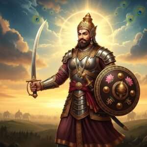 A majestic depiction of Bappa Rawal, the legendary Indian warrior king, clad in traditional Rajput armor that glistens in hues of gold and maroon. He stands valiantly on a battlefield, with an aura of strength and determination. In his right hand, he wields a gleaming sword, while his left hand holds a shield adorned with intricate patterns of lotus flowers and Hindu symbols. The background features a surreal landscape of rolling hills under a dramatic, ethereal sky painted in shades of deep saffron and peacock blue. Ethereal, golden light illuminates Bappa Rawal, creating an almost divine glow around him. In the distance, shadowy figures of soldiers and elephants form a grand battle scene. The overall composition balances historical authenticity with a modern digital aesthetic, embodying the themes of courage, faith, and legacy.