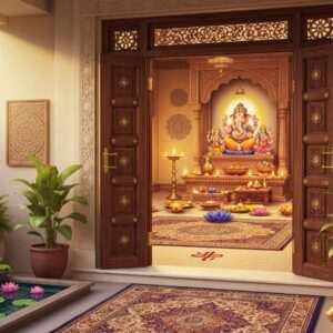 A serene, ethereal image of an Indian home entrance leading to a sacred puja room, bathed in soft, warm golden light. The entrance features intricately carved wooden doors with traditional motifs, flanked by lush potted plants and a small water feature with floating lotus flowers. Inside, the puja room is adorned with a beautifully ornate altar, featuring Hindu deities like Lord Ganesha and Goddess Lakshmi, surrounded by flickering oil lamps and fragrant incense. The walls are decorated with elegant mandalas and spiritual symbols, and the floor is covered with a vibrant, intricately patterned rug. The scene is harmonious and inviting, blending traditional Indian aesthetics with a modern digital design, capturing the essence of tranquility and mindfulness. The color palette is warm and rich, incorporating deep maroon, saffron, and peacock blue tones.