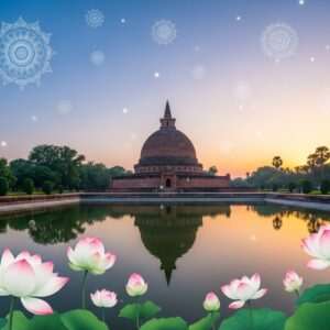 A serene depiction of Dharmarajika Stupa surrounded by lush greenery and a tranquil pond reflecting the monument's ancient architecture. The scene is bathed in soft, ethereal light with pastel hues of blue, pink, and warm gold, creating a calming atmosphere. In the foreground, stylized lotus flowers bloom, symbolizing purity and enlightenment. The sky is adorned with delicate, glowing mandalas that blend traditional Indian art forms with modern aesthetics, enhancing the spiritual aura. The setting is peaceful and harmonious, inviting viewers to immerse themselves in the historical and spiritual significance of this sacred site.