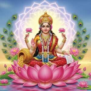 A stunning depiction of Goddess Lakshmi, the embodiment of divine feminine energy, seated on a vibrant pink lotus floating on serene, golden waters. She is portrayed with four arms, each holding symbols of prosperity and abundance: a pot overflowing with gold coins, a blooming lotus, a sacred book, and a gesture of blessing. Her expression is serene and compassionate, adorned with intricate gold jewelry and a radiant crown. The background features a glowing mandala with soft, pastel hues, evoking a sense of tranquility and spirituality. Surrounding her are gentle peacock feathers and lotus flowers, enhancing the ethereal quality. The overall scene is hyper-realistic, blending traditional Indian art motifs with modern digital aesthetics, captivating viewers with its rich cultural symbolism and spiritual serenity.