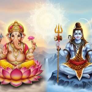 A hyperrealistic and ethereal depiction of Lord Ganesha and Lord Shiva, set in a serene, spiritual atmosphere. On one side, Lord Ganesha with an elephant head, four hands holding a lotus, a modak, an axe, and a noose, sits on a grand lotus flower with vibrant saffron and maroon hues. On the other side, Lord Shiva with his matted hair tied up, a crescent moon on his head, and three eyes, holds a trident and a damru (drum) while seated on a calm blue Himalayan peak. A glowing, intricate mandala hovers above them, radiating soft golden light. The backdrop features pastel clouds and gentle waterfalls, reflecting tranquility and divinity. The scene blends traditional Indian art styles with modern digital aesthetics, emphasizing deep cultural motifs in a harmonious and mindful composition.