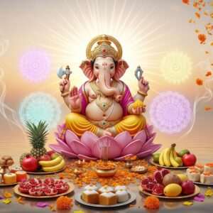 A serene, ethereal scene depicting Lord Ganesha in a tranquil, spiritual setting. Lord Ganesha, with his iconic elephant head, is seated on a lotus flower, surrounded by glowing mandalas and soft pastel-colored lights. He has four arms, each holding different symbolic items: a modak (sweet dumpling), an axe, a lotus flower, and a noose. The background features a calm water surface reflecting the soft, warm golden hues of dawn. The air is filled with floating marigold petals and incense smoke, creating an atmosphere of peace and devotion. The color palette includes saffron, maroon, and peacock blue, providing a rich yet modern aesthetic. The focus is on the divine offerings placed around Lord Ganesha, including beautifully arranged fruits, sweets, and flowers, crafted with intricate patterns reminiscent of traditional Indian art forms like Madhubani and Pattachitra. The image conveys a sense of harmony and mindfulness, inviting viewers to explore the divine aspects of Ganesh Chaturthi and the sacred tradition of preparing Prasad.