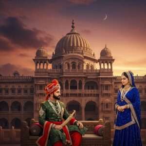 A majestic portrayal of Ichalkaranji Rajwada, capturing the essence of royal heritage with a modern digital twist. The palace is adorned with intricate traditional Indian architectural details, set against a backdrop of a twilight sky with hues of deep maroon and gold. In the foreground, regal figures dressed in historically accurate royal attire, embellished with opulent jewelry, are engaged in a serene and dignified conversation. The scene includes stylized motifs like peacock feathers and lotus flowers subtly integrated into the design. The lighting is soft and ethereal, casting a golden glow over the scene to evoke a sense of nostalgia and reverence. Art style should be hyperrealistic with a serene, dreamlike quality, balancing tradition with contemporary digital aesthetics.