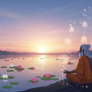A serene, ethereal Indian landscape at dawn, capturing the essence of Brahma Muhurta. The sky is a gradient of soft pastels transitioning from deep indigo to pale pink, with the first light of the sun casting a gentle golden glow. In the foreground, a tranquil river reflects the sky's colors, with lotus flowers gently floating on its surface. On the riverbank, a solitary Indian sage is seated in meditation, dressed in traditional attire with a saffron shawl. Around him, subtle glowing mandalas and spiritual symbols emanate a peaceful aura. The atmosphere is calm and spiritual, with an emphasis on tranquility and divine energy. The art style blends traditional Indian motifs with modern digital aesthetics, creating a scene that feels both timeless and contemporary.
