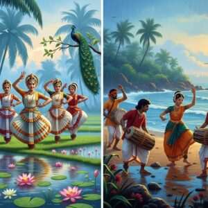 In a serene and enchanting scene, depict a traditional monsoon celebration in Kerala and Goa. The setting is a lush, vibrant landscape with verdant green rice paddies and coconut groves, drenched in the gentle monsoon rain. In the foreground, a group of joyful Indian villagers, dressed in colorful traditional attire with intricate patterns, are partaking in traditional monsoon festivities. In Kerala, they are engaging in the rhythmic and graceful Keralan dance by the paddy fields, their movements echoing the gentle sway of the rain-soaked palm trees. In Goa, capture the vibrant energy of folk music and dance near the backdrop of a rain-drenched coastline. Include delicate details like lotus flowers floating on rainwater puddles and peacocks elegantly perched nearby, spreading their iridescent feathers. The entire scene is illuminated with a soft, ethereal glow, with pastel hues blending with rich greens and blues, creating a sense of unity between tradition and nature. The atmosphere is one of celebration, serenity, and spiritual harmony.