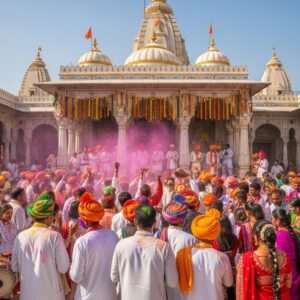 A captivating scene of the Sri Sri Doul Govinda Temple during Holi 2026, featuring a large gathering of Indian men and women dressed in traditional attire