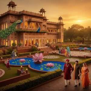 A majestic depiction of Jhargram Raj Palace Hotel at dusk, bathed in a warm golden glow. The palace stands grandly, its architecture adorned with intricate carvings reminiscent of traditional Indian art forms like Madhubani and Phad. Surrounding the palace are lush gardens with peacock blue and maroon accents, featuring stylized lotus ponds and delicate mandalas. In the foreground, elegantly dressed Indian guests in royal attire (deep maroon and saffron) are seen strolling, embodying the essence of heritage and opulence. The scene is serene and ethereal, with a touch of surrealism, capturing the royal experience and modern elegance of the hotel.
