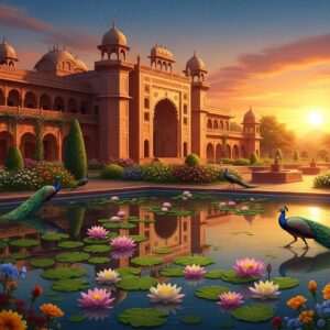 An enchanting view of Jhargram Raj Palace at sunset, bathed in warm golden light. The palace, with its grand architecture featuring intricate carvings and regal arches, stands majestically surrounded by lush gardens filled with vibrant flowers in shades of maroon, saffron, and peacock blue. In the foreground, a serene lotus pond reflects the palace and sky, enhancing the tranquil atmosphere. Indian peacocks gracefully wander the grounds, adding to the royal ambiance. The image captures the essence of heritage and luxury, inviting viewers into a world of opulence and history. Art style merges traditional Indian aesthetics with modern digital innovation, creating a serene yet captivating visual experience.