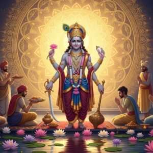 A serene and ethereal scene featuring Khatu Shyam Ji, depicted as a radiant deity with a graceful smile. He is adorned in resplendent traditional attire with intricate patterns, featuring deep maroon and peacock blue hues, and is embellished with golden jewelry. In his four hands, he holds a sword, a conch shell, a lotus, and a mace, each glowing softly. The background showcases a luminous golden mandala with softly glowing lights that exude tranquility. Around him are devotees in reverent postures, offering traditional prasad and performing aarti with devotion. The setting includes an array of vibrant lotus flowers and a calm water surface reflecting the divine aura. The atmosphere is suffused with a sense of divine grace and spiritual harmony, inviting viewers to experience the sacred traditions of Khatu Shyam Ji. The art style combines traditional Indian motifs with modern digital aesthetics, ensuring a captivating and inspiring visual experience.