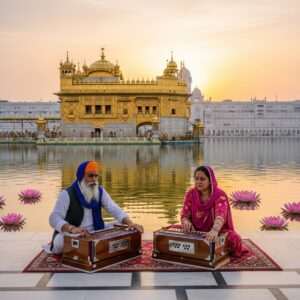 A serene, ethereal depiction of the Golden Temple at dawn, bathed in a soft, golden glow. The temple's intricate architecture reflects in the calm waters surrounding it, creating a mirror-like effect. In the foreground, an Indian man and woman in traditional attire sit cross-legged, deeply engrossed in playing harmoniums and singing Kirtan. Their expressions are peaceful and meditative, with a gentle aura of spirituality enveloping them. The scene is adorned with softly glowing lotus flowers floating on the water and a subtle hint of pastel colors in the sky, adding to the tranquil and harmonious atmosphere. The art style should be hyperrealistic with a touch of modern digital aesthetics, capturing the divine essence and cultural richness of the scene.
