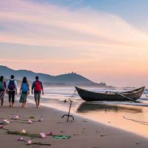 A serene coastal scene depicting Gokarna's tranquil beach at sunrise, with soft pastel hues of pink, blue, and gold illuminating the sky. In the foreground, a small group of Indian travelers dressed in casual, modern attire, are joyfully walking along the shore, each carrying a colorful backpack. They appear to be engaged in lively conversation, with their expressions showing excitement and wonder. Nearby, a rustic wooden boat is anchored on the shore, hinting at alternative travel methods. The beach is adorned with delicate lotus flowers scattered along the sand and gentle waves lapping at the shore. The background features lush green hills rising gently behind the beach, with traditional Indian architecture visible in the distance. The scene is ethereal and invites exploration and adventure, blending modern aesthetics with cultural motifs in a hyperrealistic style.