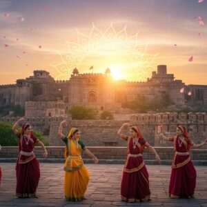 A stunning, hyperrealistic illustration depicting the majestic Ranthambore Fort in Sawai Madhopur, surrounded by lush greenery and rugged terrain. The fort's ancient stone walls are adorned with intricate carvings and traditional motifs, showcasing its rich historical significance. In the foreground, a group of Indian women in colorful, flowing sarees (maroon, saffron, peacock blue) stand gracefully, engaging in a traditional dance, symbolizing the cultural heritage of the region. Their sarees and jewelry reflect the deep colors and intricate patterns of traditional Indian art forms. The sky above is painted in soft pastel hues with a glowing mandala sun setting behind the fort, casting a serene, ethereal glow over the scene. Lotus flowers and delicate falling petals add a touch of fantasy and spirituality to the composition. The overall atmosphere is peaceful and inviting, encouraging readers to delve into the historical journey of Sawai Madhopur.