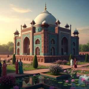 The image captures the breathtaking grandeur of Shah Rukn-e-Alam's Tomb, an architectural marvel steeped in mystical charm. The tomb is depicted in hyper-realistic detail, showcasing its intricate carvings and ornate tiles in vibrant hues of teal and maroon. The scene is bathed in the warm glow of a golden sunset, casting ethereal shadows and highlighting the structure's majestic domes and minarets. Surrounding the tomb, lush gardens filled with blooming lotus flowers and tranquil water features create a serene atmosphere. A few Indian visitors in traditional attire are seen wandering through the gardens, admiring the tomb's beauty. The art style merges historical elegance with modern digital aesthetics, offering a captivating and dreamlike vision that invites exploration and admiration.