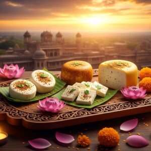 A serene, hyperrealistic image of an intricately carved wooden platter showcasing a selection of Bandel cheese. The cheese is arranged artfully with pieces wrapped in banana leaves and sprinkled with herbs and spices, reflecting traditional Indian culinary styles. The platter is set against a backdrop of a vibrant, ethereal sunset over Bandel's historic architecture, with deep golds, maroons, and peacock blues blending seamlessly into the sky. A delicate scattering of lotus flowers and marigolds surrounds the cheese, symbolizing the cultural richness of Bandel. Soft glowing lights enhance the surreal quality of the scene, inviting viewers to explore the exotic flavors and history behind this unique delicacy.
