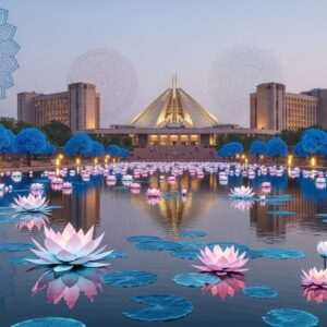 An ethereal view of Chandigarh showcasing its iconic modernity-heritage blend. In the foreground, a majestic lotus flower pond with glowing, surreal lotus blooms reflecting pastel hues of pink and blue under a serene sky. In the background, the architectural marvel of the Capitol Complex stands, embodying a fusion of sleek modern lines and traditional Indian motifs. The landscape is dotted with stylized peacock blue trees and intricate cultural patterns reminiscent of Madhubani and Pattachitra art. Soft golden lights gently illuminate the scene, capturing the tranquil essence of Chandigarh's unique charm.