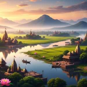 A serene and picturesque digital landscape showcasing the lush geography of Haldia. In the foreground, a calm river meanders through the scene, reflecting the pastel hues of a soft, early morning sky. On either side of the river, fields of verdant greenery stretch towards the horizon, dotted with traditional Indian architecture, including intricately designed temples with golden spires. The background features gentle rolling hills and distant mountains bathed in a warm, golden glow. The entire scene is infused with a sense of tranquility and harmony, using rich colors like saffron, peacock blue, and maroon to highlight the cultural richness of the region. Elements like stylized lotus flowers and subtle mandalas are seamlessly integrated into the landscape, evoking a spiritual and ethereal atmosphere. The art style is hyperrealistic with a surreal touch, drawing viewers into this enchanting view of Haldia's unique geography.