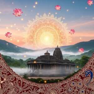 An ethereal depiction of the spiritual landscapes of Malnad, featuring a serene scene at Kamakhya temple. The foreground is adorned with intricate traditional Indian art motifs like Madhubani and Pattachitra patterns in vibrant colors of maroon, gold, and peacock blue. A gentle mist envelops the lush green hills, creating a mystical aura. In the background, a large, glowing mandala composed of saffron and gold hues radiates warmth and tranquility. The sky is a soft gradient of pastel pink and blue, dotted with stylized lotus flowers. The scene is illuminated by soft, glowing lights, highlighting the intricate details of the landscape. Art style is hyperrealistic with surreal elements, capturing the essence of spirituality and mindfulness, inviting readers to embark on a soulful journey through Malnad's sacred lands.