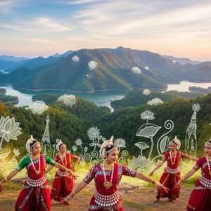 A serene and ethereal depiction of Tripura's landscape, featuring lush green hills, tranquil lakes, and dense forests. In the foreground, traditional Indian dancers in vibrant attire perform gracefully, their movements creating an aura of cultural richness. The dancers are adorned with ornate gold jewelry and have intricate henna designs on their hands. Surrounding them are stylized motifs inspired by Madhubani and Pattachitra art, such as lotus flowers and intricate patterns, blending with the natural scenery. Soft, glowing lights illuminate the scene, enhancing the tranquil atmosphere. The sky is a canvas of pastel hues with gentle clouds, creating a surreal and inviting ambiance. The image should evoke a sense of discovery and spiritual connection with Tripura’s rich heritage and natural beauty.