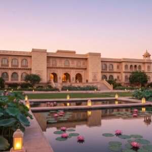 An ethereal, serene scene of a calm and peaceful evening near the Amritsar Heritage Street. The golden rays of the setting sun bathe the intricately designed facade of a traditional Indian hotel with modern aesthetics. The hotel is adorned with intricate patterns inspired by Madhubani and Pattachitra art, and surrounded by lush gardens with blooming lotus flowers and tranquil water features. In the foreground, a tranquil pond reflects the soft pastel hues of the sky, dotted with floating lotus blossoms. The scene is illuminated by soft, glowing lanterns that cast a warm, inviting light, creating an atmosphere of tranquility and mindfulness. The overall tone is serene and spiritual, capturing the essence of a spiritual journey.