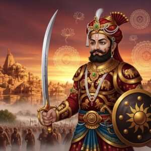 A majestic scene of Bappa Rawal, the legendary Indian warrior king, clad in intricate traditional armor, standing tall and resolute on a battlefield. His expression is one of determination and strength. He wields a gleaming sword, with a shield emblazoned with ancient Indian motifs in his other hand. Behind him, a sprawling kingdom emerges from the mist, with golden palaces and towering temples, reflecting the essence of a bygone era. The sky is ablaze with hues of maroon and saffron, symbolizing the fiery spirit of battle. The scene is surrounded by ethereal glowing mandalas and lotus flowers, symbolizing spiritual strength. The art style merges traditional Indian art forms with modern digital aesthetics, featuring deep, rich colors like gold, peacock blue, and maroon, with a surreal and ethereal touch that captures the spirit of an empire being forged through epic battles.