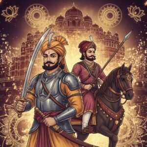 An intricately detailed illustration of Bappa Rawal and Maharana Pratap, both depicted as regal and noble Indian warriors. Bappa Rawal, in a traditional Rajput armor with a vibrant saffron turban, stands proudly, holding a sword. His stance exudes strength and leadership. Beside him is Maharana Pratap, depicted in a majestic pose on his iconic horse Chetak, wearing a splendid Rajput attire with a distinctive maroon and gold turban, and holding a spear. The background features a stylized, surreal depiction of Chittorgarh Fort, blending ancient architectural elements with modern digital aesthetics. The scene is adorned with glowing mandalas and lotus motifs, with a palette of rich golds, maroons, and peacock blues, giving it a dreamlike yet historically respectful aura. The lighting highlights their valorous expressions, creating an image that is both ethereal and powerful, inviting the viewer into the legendary world of Mewar's lineage.