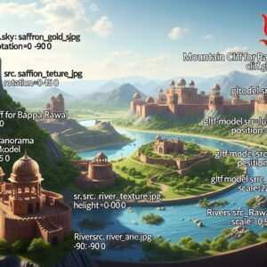 A regal Indian warrior, Bappa Rawal, is depicted in traditional Rajput attire, standing valiantly atop a cliff overlooking a vast, majestic empire. His attire is adorned with intricate patterns and vibrant colors, including maroon and peacock blue, with gold accents. In his right hand, he holds a curved sword, the hilt ornately decorated. The backdrop showcases a panoramic view of lush landscapes, ancient forts, and rivers stretching from Mewar to Rawalpindi. The sky is a blend of saffron and warm gold hues, suggesting the setting sun. Elements like distant mandalas and subtle spiritual symbols are woven into the scenery, giving the image an ethereal and surreal touch. The art style is hyperrealistic with a modern digital aesthetic, capturing the grandeur and historical significance of Bappa Rawal's empire.