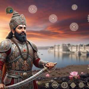 An epic scene depicting the legendary Bappa Rawal in a regal pose, wearing traditional Rajput armor intricately detailed with patterns reminiscent of Madhubani and Phad art. He stands confidently against the backdrop of a mystical landscape that transitions from the rugged terrain of Rawalpindi to the serene palaces of Udaipur. The sky is a surreal blend of deep maroon and peacock blue hues, dotted with ethereal glowing mandalas. In the foreground, stylized lotus flowers and spiritual symbols subtly emerge, enhancing the scene's tranquility. The image has a dreamlike quality, with soft lighting that highlights Bappa Rawal's determined expression and the historical significance of his journey. The art style is hyperrealistic, merging traditional Indian motifs with modern digital aesthetics, inviting viewers into a world of heritage and exploration.