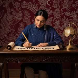 A serene and ethereal scene of an Indian artist, dressed in traditional Bengali attire with a modern twist, seated gracefully at a beautifully ornate wooden desk. The background is adorned with intricate Madhubani and Pattachitra patterns in rich maroon and peacock blue hues, subtly blending into the surroundings. Soft, glowing lights illuminate the artist's face as they meticulously write the Bengali alphabet on a scroll with a traditional calligraphy pen. Delicate lotus flowers and softly glowing mandalas float around, adding a dreamlike quality. The setting exudes tranquility and mindfulness, capturing the essence of both tradition and modernity in a hyper-realistic digital art style.