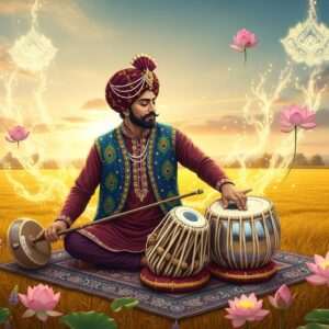A vibrant and dynamic scene showcasing traditional Punjabi musical instruments, prominently featuring the Tumbi and Tabla, set against a backdrop of lush, golden fields that evoke the spirit of Punjab. The Tumbi is held by an Indian musician dressed in rich, maroon and peacock blue traditional attire, adorned with intricate gold embroidery. Beside him, the Tabla sits on a soft, pastel-colored cloth. Surrounding them are stylized cultural motifs, like floating lotus flowers and glowing mandalas, creating an ethereal atmosphere. The lighting is warm, casting a serene glow on the scene, with soft clouds and gentle rays of sunlight enhancing the surreal quality. The art style is hyperrealistic with a touch of fantasy, blending the heritage of Punjab with modern digital aesthetics.